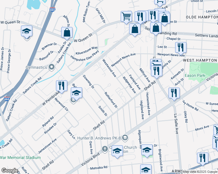 map of restaurants, bars, coffee shops, grocery stores, and more near 16 York Street in Hampton