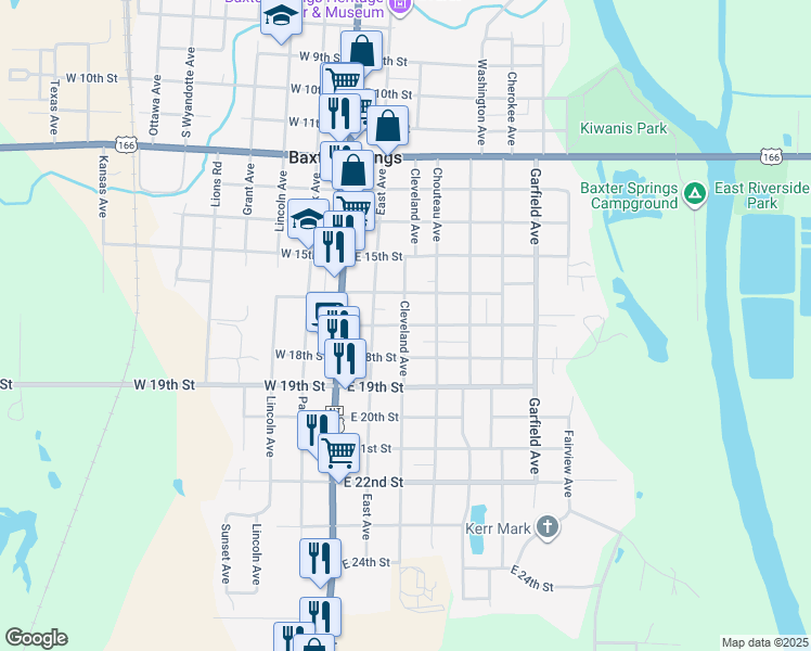 map of restaurants, bars, coffee shops, grocery stores, and more near 300 East 17th Street in Baxter Springs