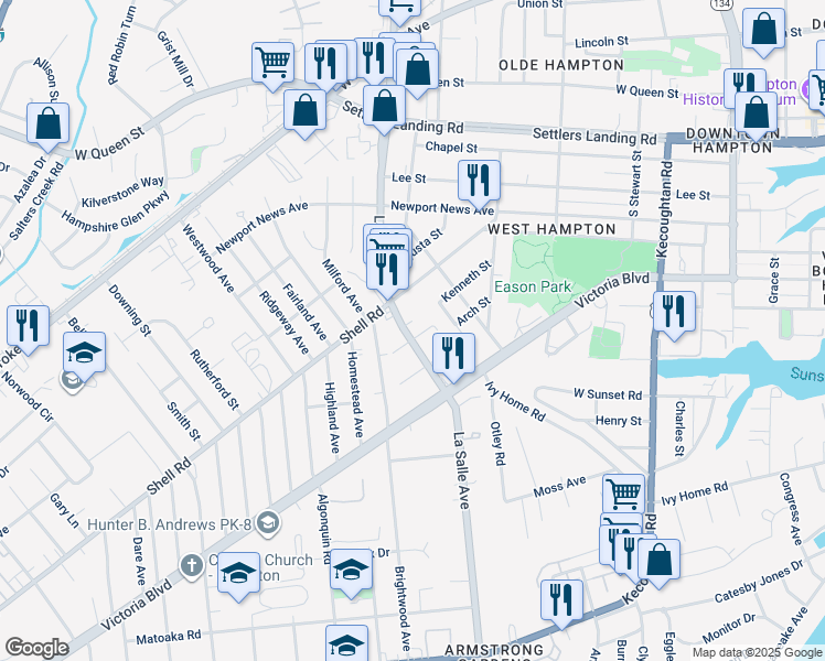 map of restaurants, bars, coffee shops, grocery stores, and more near 530 LaSalle Avenue in Hampton
