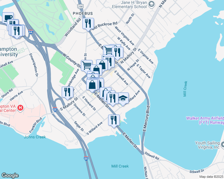 map of restaurants, bars, coffee shops, grocery stores, and more near 4 Hopkins Street in Hampton