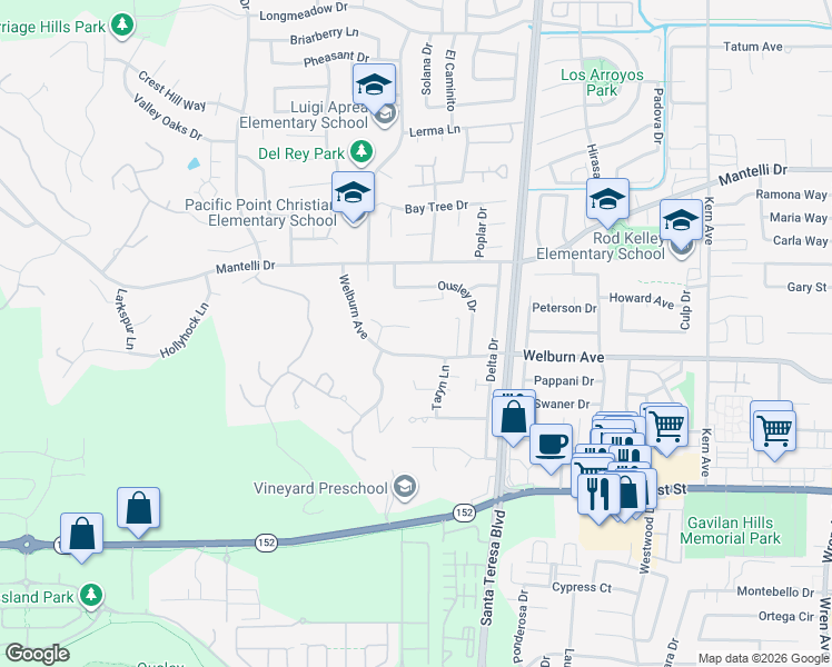 map of restaurants, bars, coffee shops, grocery stores, and more near 1501 Welburn Avenue in Gilroy