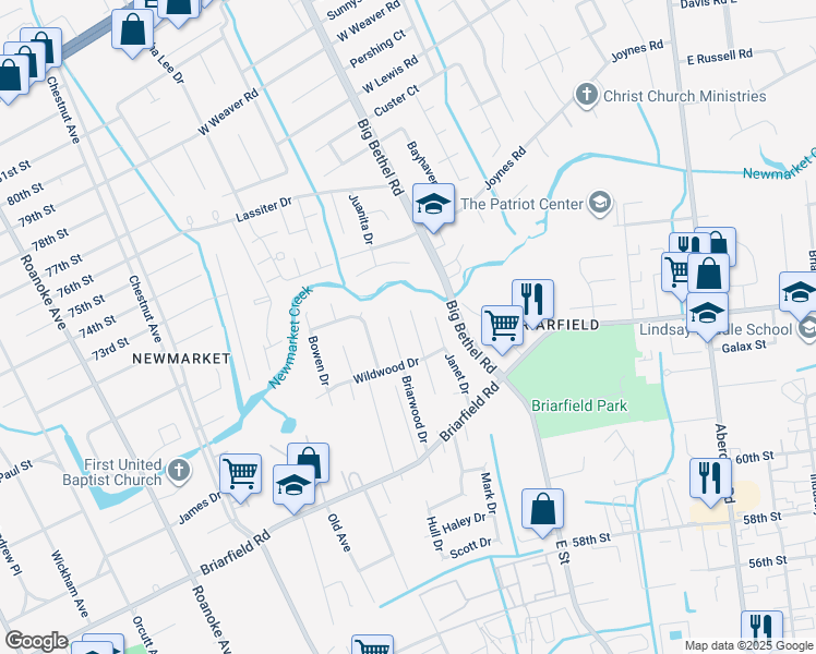 map of restaurants, bars, coffee shops, grocery stores, and more near 111 Ethel Drive in Hampton