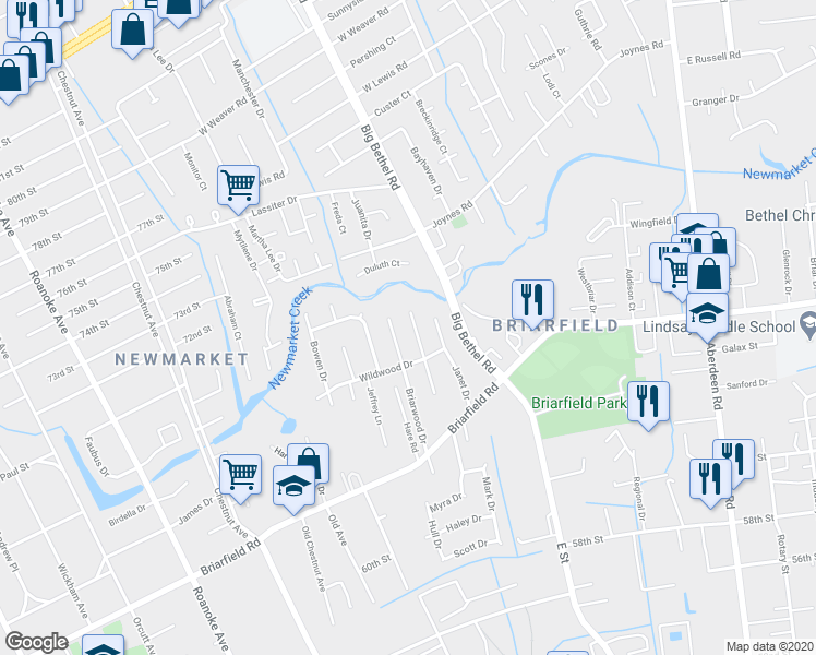 map of restaurants, bars, coffee shops, grocery stores, and more near 111 Ethel Drive in Hampton