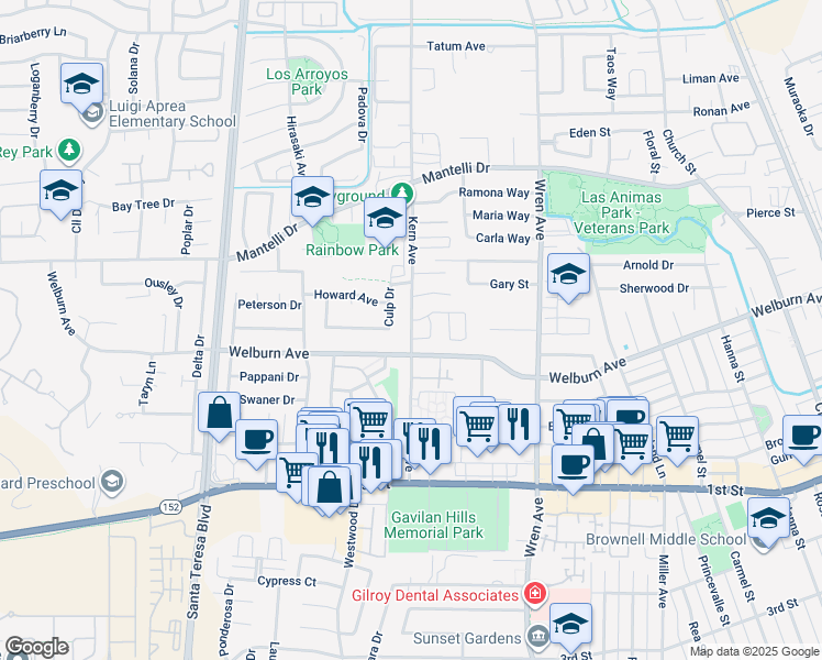 map of restaurants, bars, coffee shops, grocery stores, and more near 8520 Birch Place in Gilroy