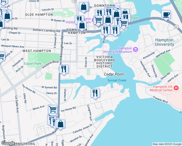 map of restaurants, bars, coffee shops, grocery stores, and more near 811 Park Place in Hampton