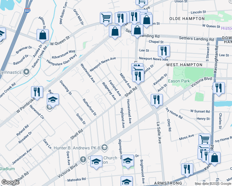 map of restaurants, bars, coffee shops, grocery stores, and more near 633 Fairland Avenue in Hampton