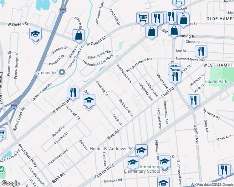 map of restaurants, bars, coffee shops, grocery stores, and more near 5 York Street in Hampton