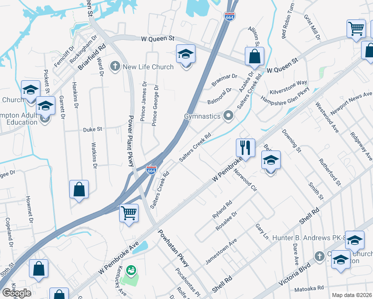 map of restaurants, bars, coffee shops, grocery stores, and more near 66 Azalea Drive in Hampton