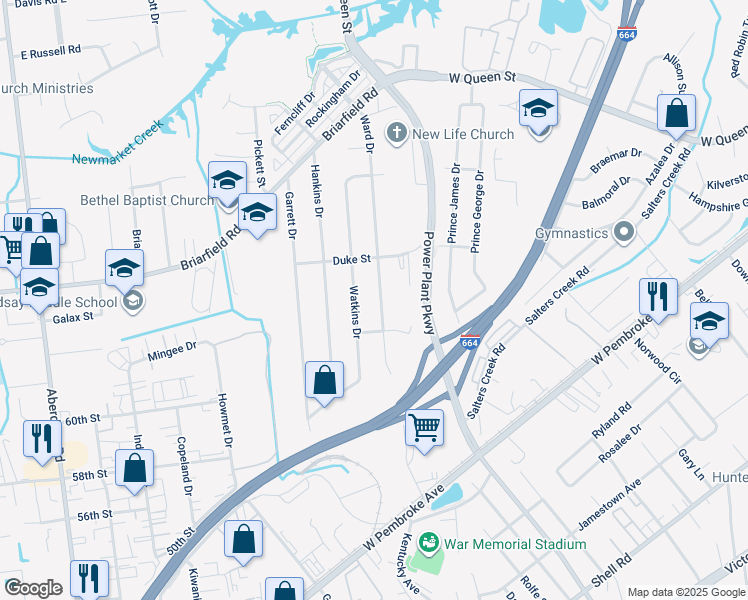 map of restaurants, bars, coffee shops, grocery stores, and more near 210 Ward Drive in Hampton