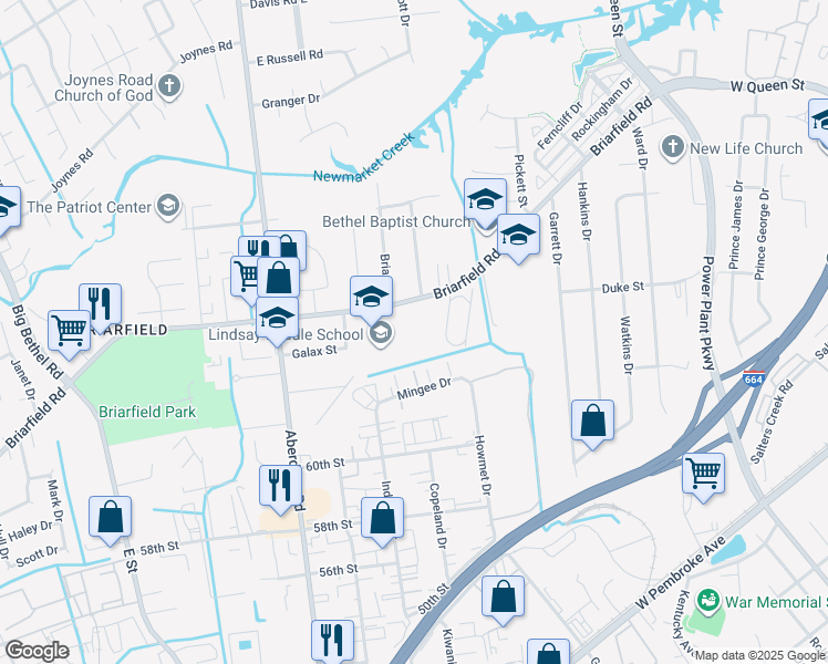 map of restaurants, bars, coffee shops, grocery stores, and more near 1636 Briarfield Road in Hampton