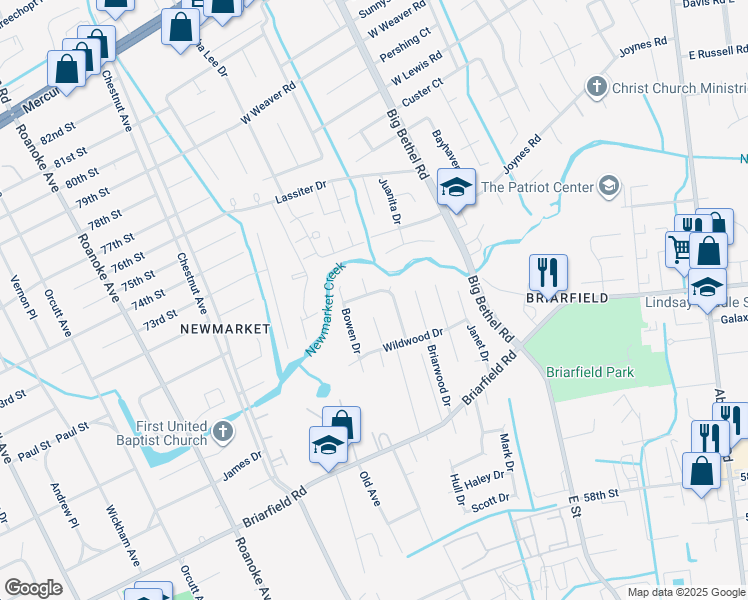 map of restaurants, bars, coffee shops, grocery stores, and more near 125 Arrollton Drive in Hampton