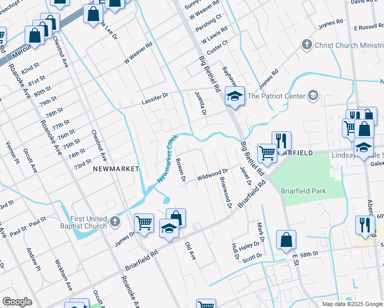 map of restaurants, bars, coffee shops, grocery stores, and more near 125 Arrollton Drive in Hampton