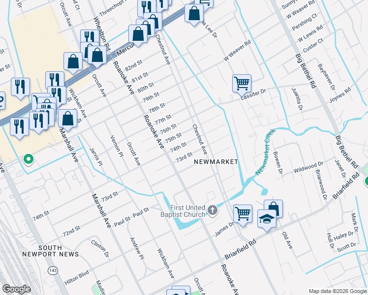 map of restaurants, bars, coffee shops, grocery stores, and more near 1107 74th Street in Newport News