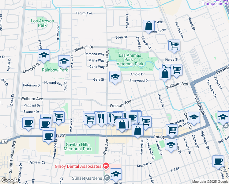 map of restaurants, bars, coffee shops, grocery stores, and more near 741 Baxter Way in Gilroy