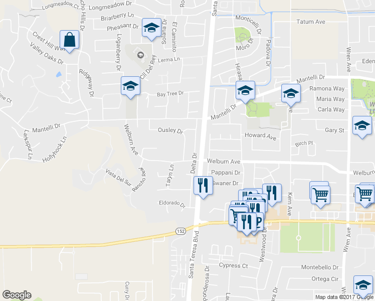 map of restaurants, bars, coffee shops, grocery stores, and more near 8542 Ousley Drive in Gilroy