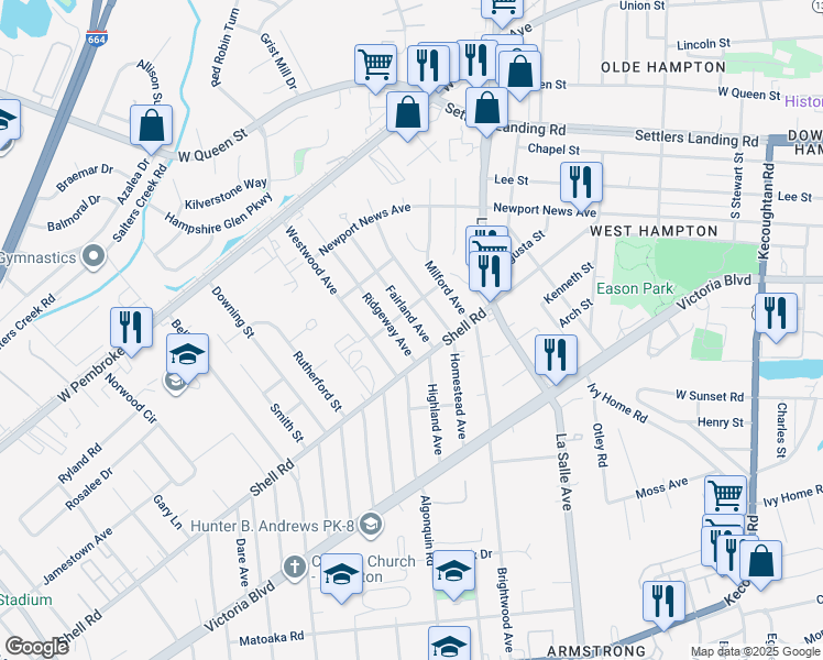 map of restaurants, bars, coffee shops, grocery stores, and more near 633 Fairland Avenue in Hampton