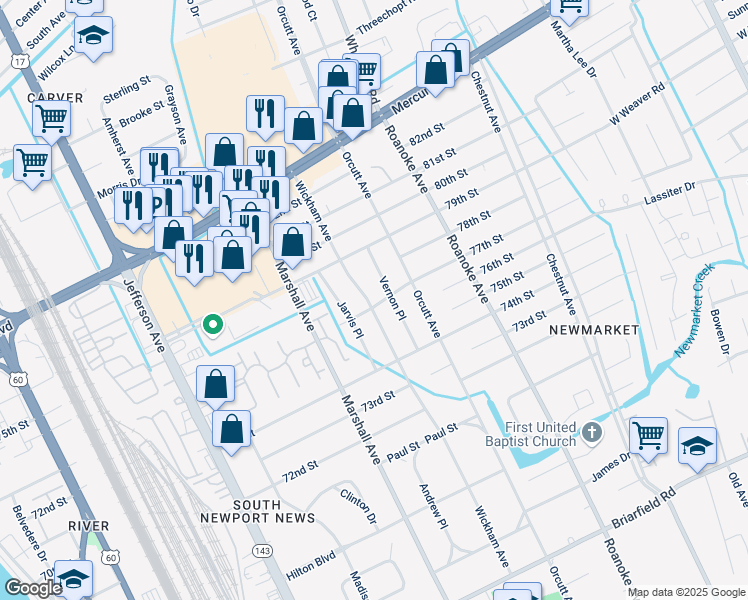 map of restaurants, bars, coffee shops, grocery stores, and more near 901 77th Street in Newport News