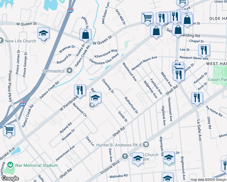 map of restaurants, bars, coffee shops, grocery stores, and more near 713 Rutherford Street in Hampton