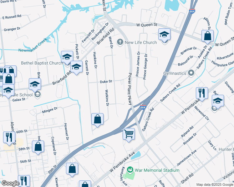 map of restaurants, bars, coffee shops, grocery stores, and more near 211 Ward Drive in Hampton