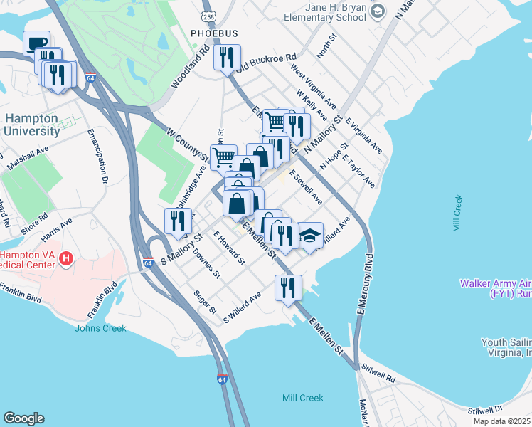 map of restaurants, bars, coffee shops, grocery stores, and more near 27 East County Street in Hampton