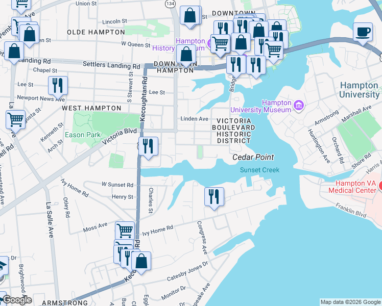 map of restaurants, bars, coffee shops, grocery stores, and more near 814 Park Pl in Hampton
