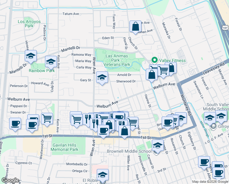 map of restaurants, bars, coffee shops, grocery stores, and more near 8420 Wayland Lane in Gilroy