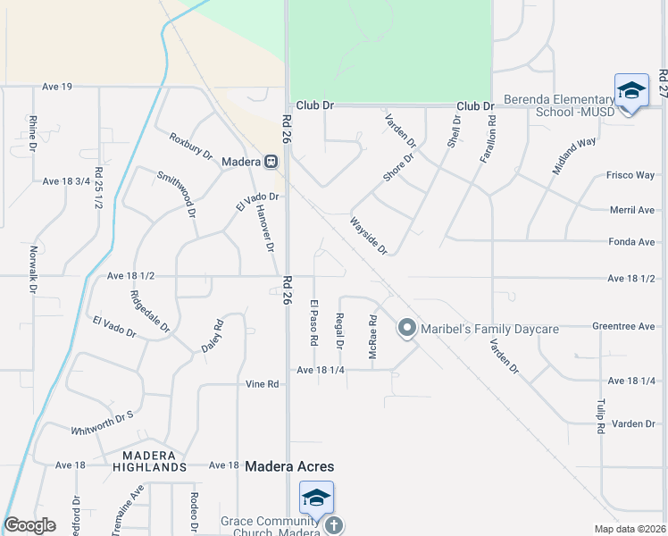map of restaurants, bars, coffee shops, grocery stores, and more near 26132 El Paso Place in Madera