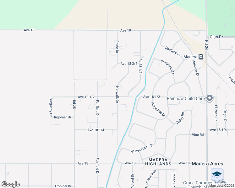 map of restaurants, bars, coffee shops, grocery stores, and more near 18521 Norwalk Drive in Madera