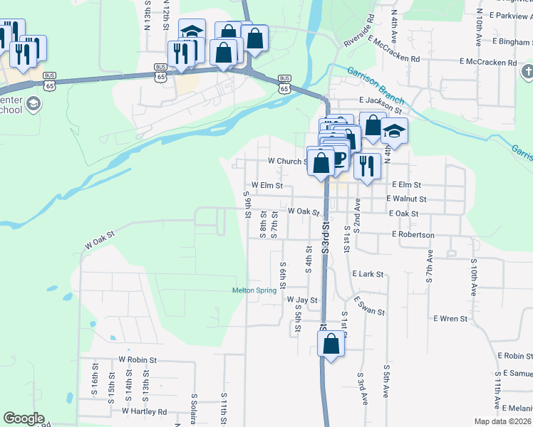 map of restaurants, bars, coffee shops, grocery stores, and more near 302 South 8th Street in Ozark