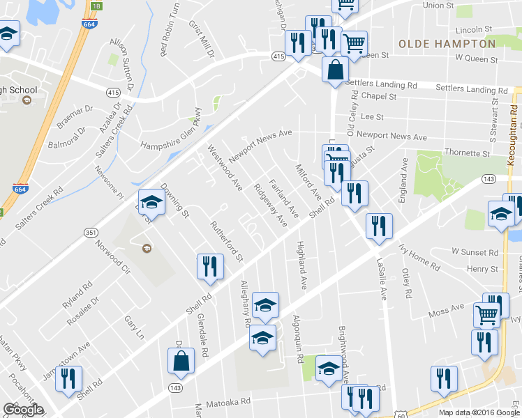 map of restaurants, bars, coffee shops, grocery stores, and more near 706 Westwood Avenue in Hampton