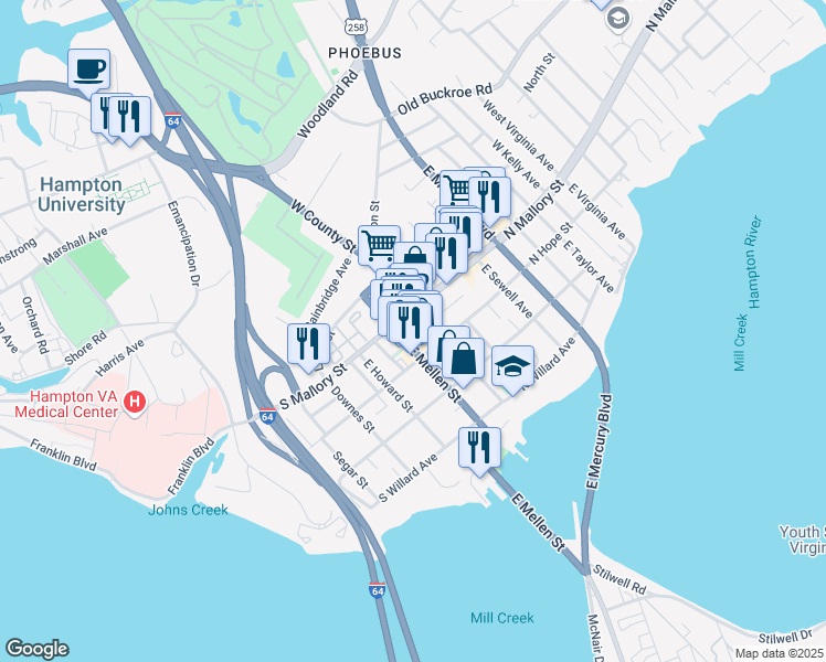 map of restaurants, bars, coffee shops, grocery stores, and more near 14 E County St in Hampton