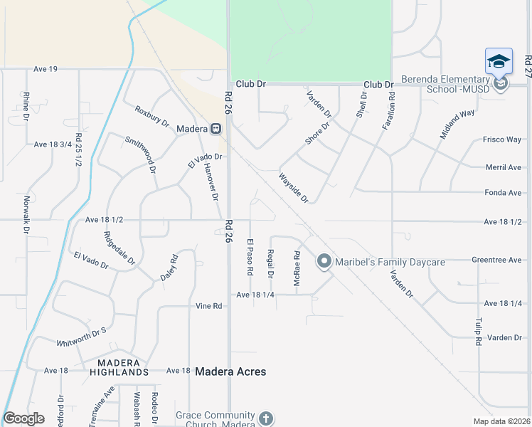 map of restaurants, bars, coffee shops, grocery stores, and more near 26132 El Paso Place in Madera