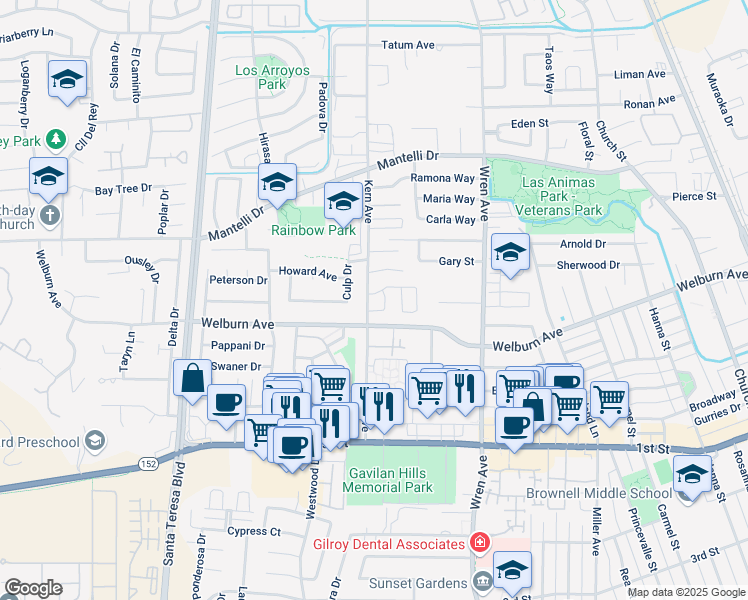 map of restaurants, bars, coffee shops, grocery stores, and more near 8520 Birch Place in Gilroy