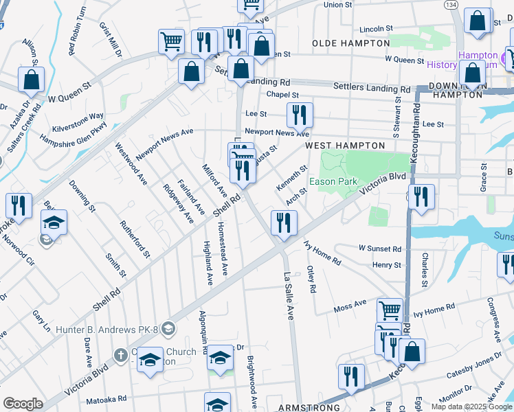 map of restaurants, bars, coffee shops, grocery stores, and more near 532 LaSalle Avenue in Hampton