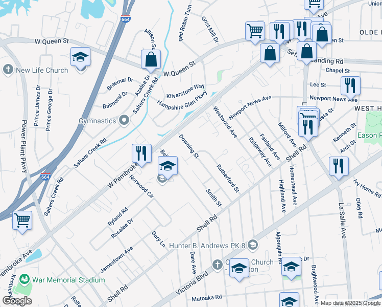 map of restaurants, bars, coffee shops, grocery stores, and more near 713 Rutherford Street in Hampton