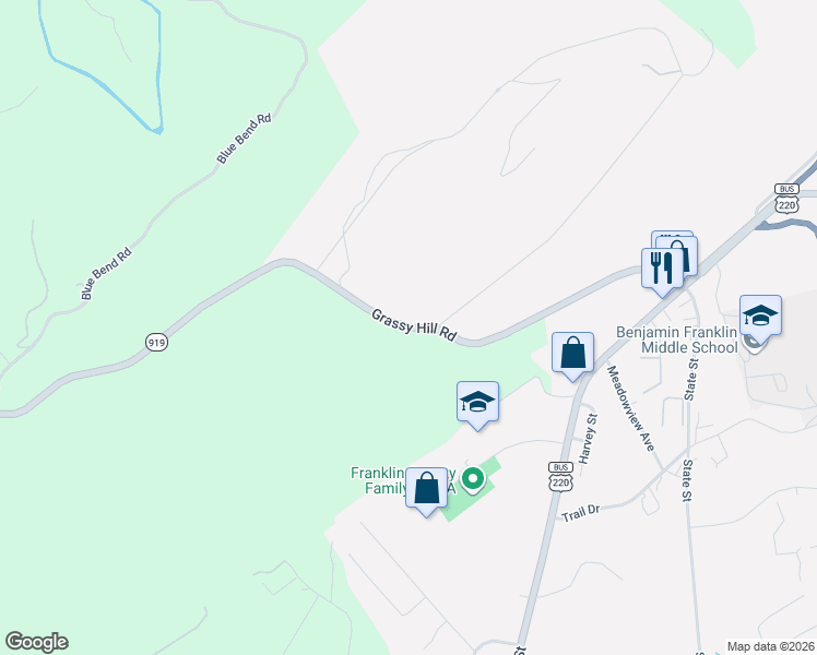 map of restaurants, bars, coffee shops, grocery stores, and more near Grassy Hill Road in Rocky Mount