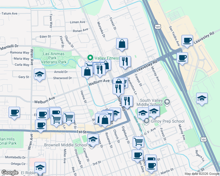 map of restaurants, bars, coffee shops, grocery stores, and more near 8355 Monterey Rd in Gilroy