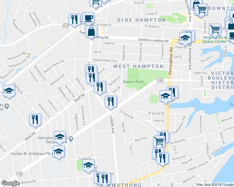 map of restaurants, bars, coffee shops, grocery stores, and more near 417 Worster Avenue in Hampton