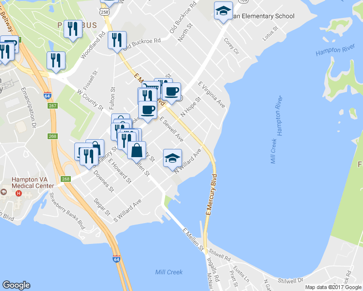 map of restaurants, bars, coffee shops, grocery stores, and more near 34 North Curry Street in Hampton