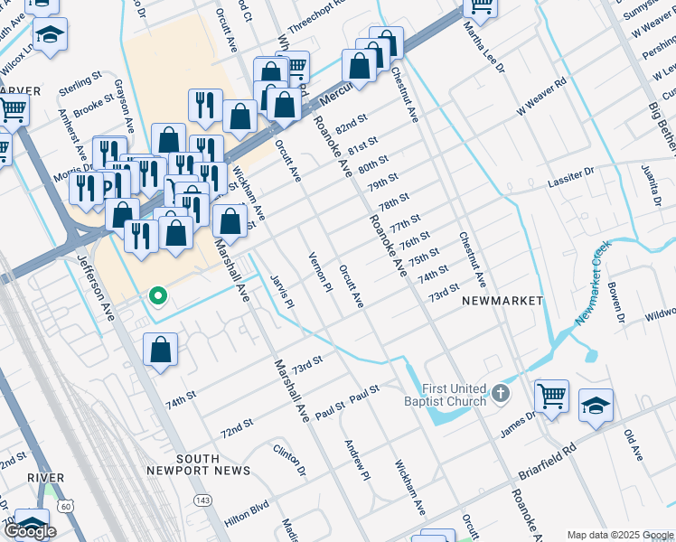 map of restaurants, bars, coffee shops, grocery stores, and more near 7419 Orcutt Avenue in Newport News
