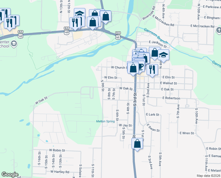 map of restaurants, bars, coffee shops, grocery stores, and more near 302 South 8th Street in Ozark