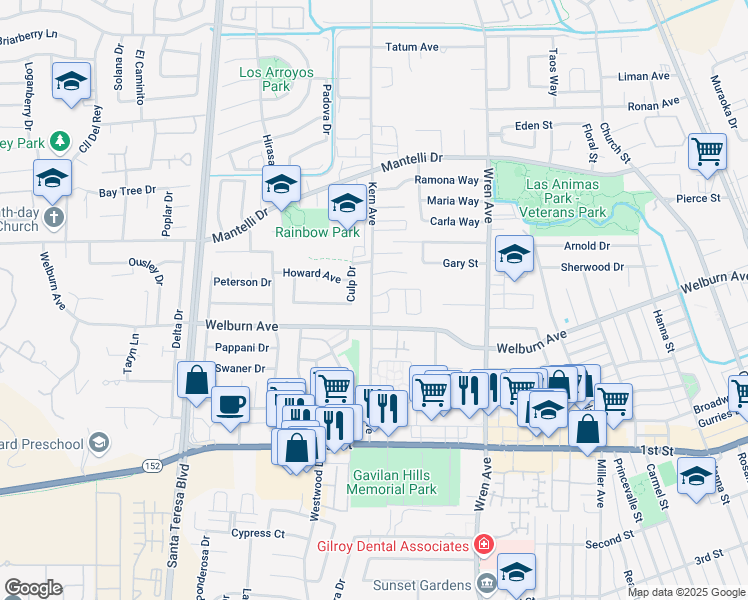 map of restaurants, bars, coffee shops, grocery stores, and more near 8520 Birch Place in Gilroy