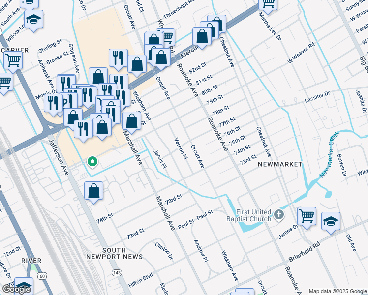 map of restaurants, bars, coffee shops, grocery stores, and more near 908 77th Street in Newport News