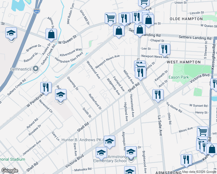 map of restaurants, bars, coffee shops, grocery stores, and more near 706 Westwood Avenue in Hampton