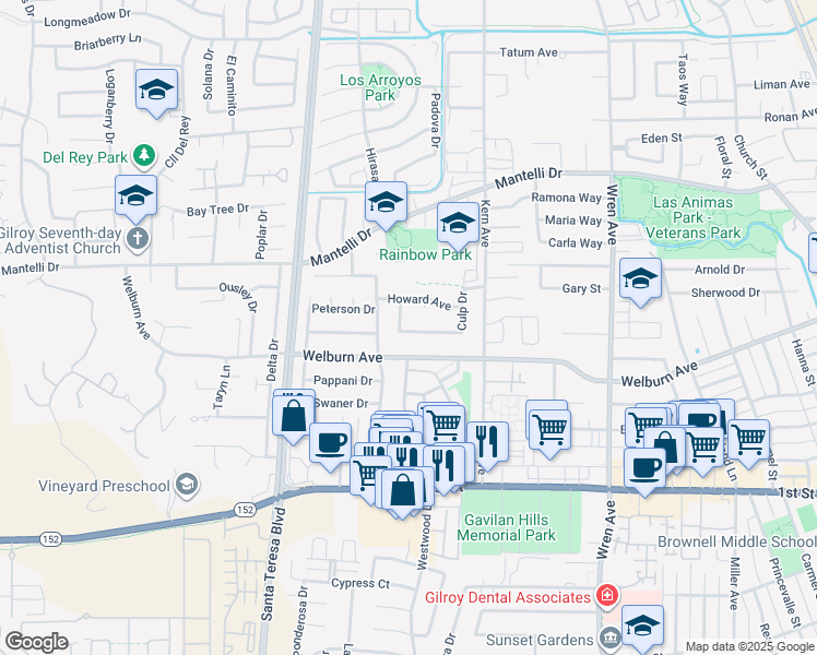 map of restaurants, bars, coffee shops, grocery stores, and more near 8548 Silvia Street in Gilroy