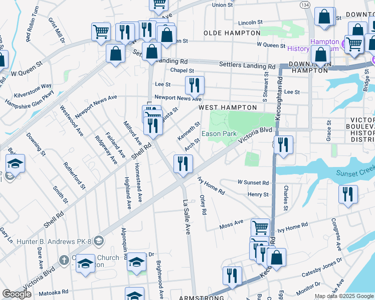 map of restaurants, bars, coffee shops, grocery stores, and more near 420 Clovelly Lane in Hampton