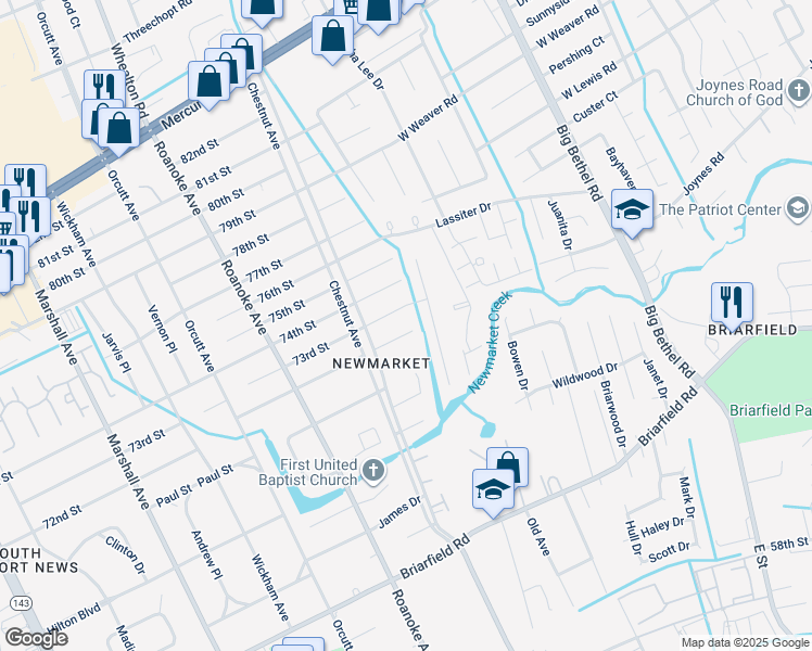 map of restaurants, bars, coffee shops, grocery stores, and more near 1213 72nd Street in Newport News