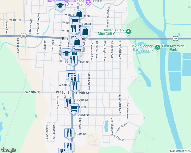 map of restaurants, bars, coffee shops, grocery stores, and more near 300-398 East 17th Street in Baxter Springs
