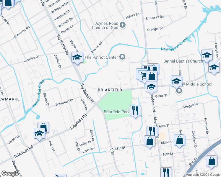 map of restaurants, bars, coffee shops, grocery stores, and more near 1571 Briarfield Road in Hampton