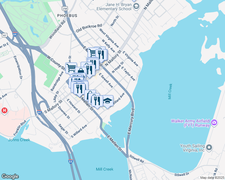 map of restaurants, bars, coffee shops, grocery stores, and more near 34 North Curry Street in Hampton